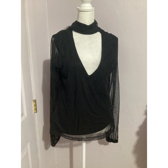 Sanctuary Black Mesh Long Sleeve Polka Dot V-neck Blouse - Picture 1 of 6